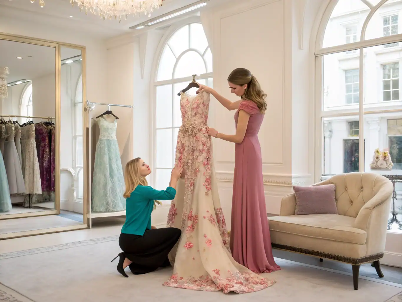 A stylist fitting a floral gown in a bright bridal salon