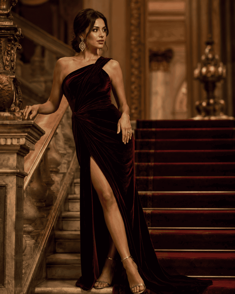 Woman in a burgundy one-shoulder velvet gown on a grand staircase